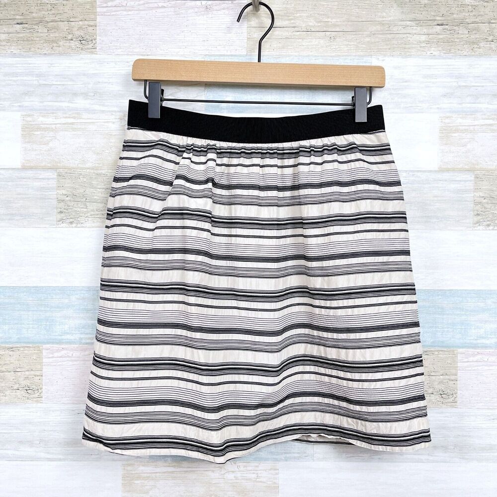 LOFT Silk Blend Banded Waist Striped Skirt Black Cream Lined Zipper Womens 4